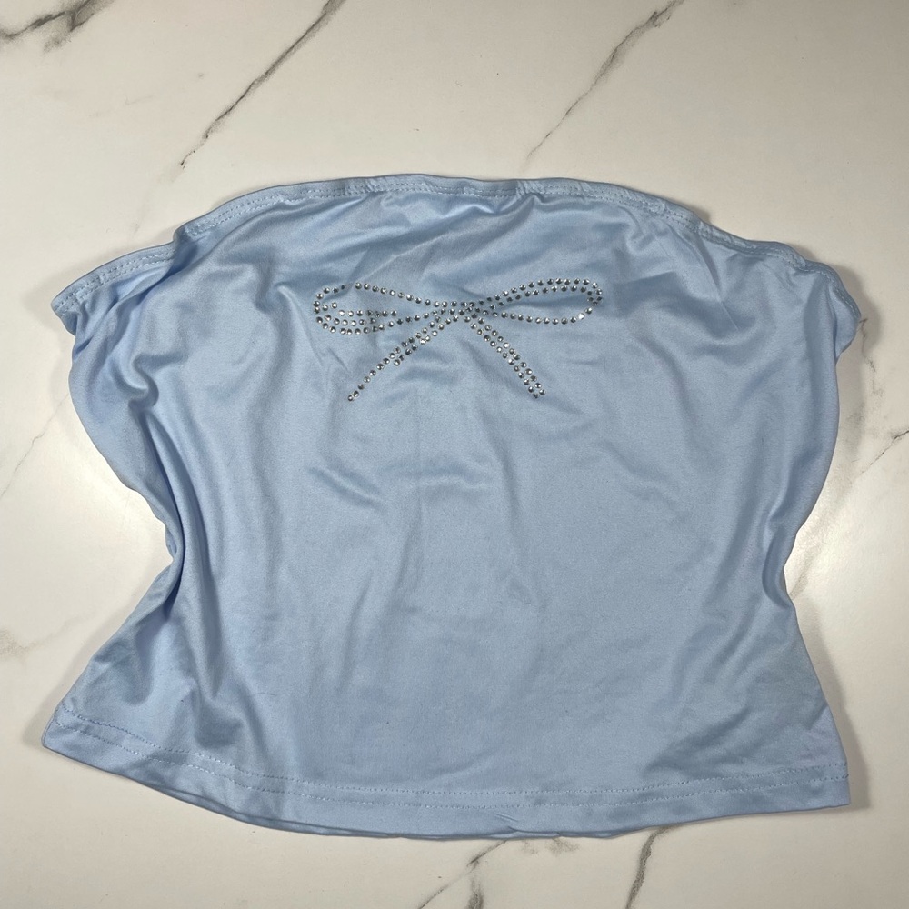Light Blue Women's Strapless Top with Rhinestone Bow